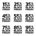 Price off label or badge set. Black Friday sale icons or tags with 15, 25, 35, 45, 55, 65, 75, 85, 95 percent discount. Vector. Royalty Free Stock Photo